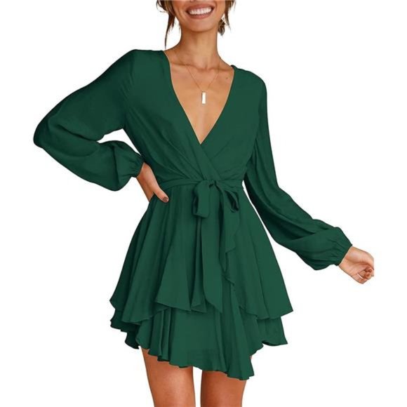 Dark Green Mini Swing Skater Dress with a Deep V-Neck, Long Sleeves - Picture 3 of 5